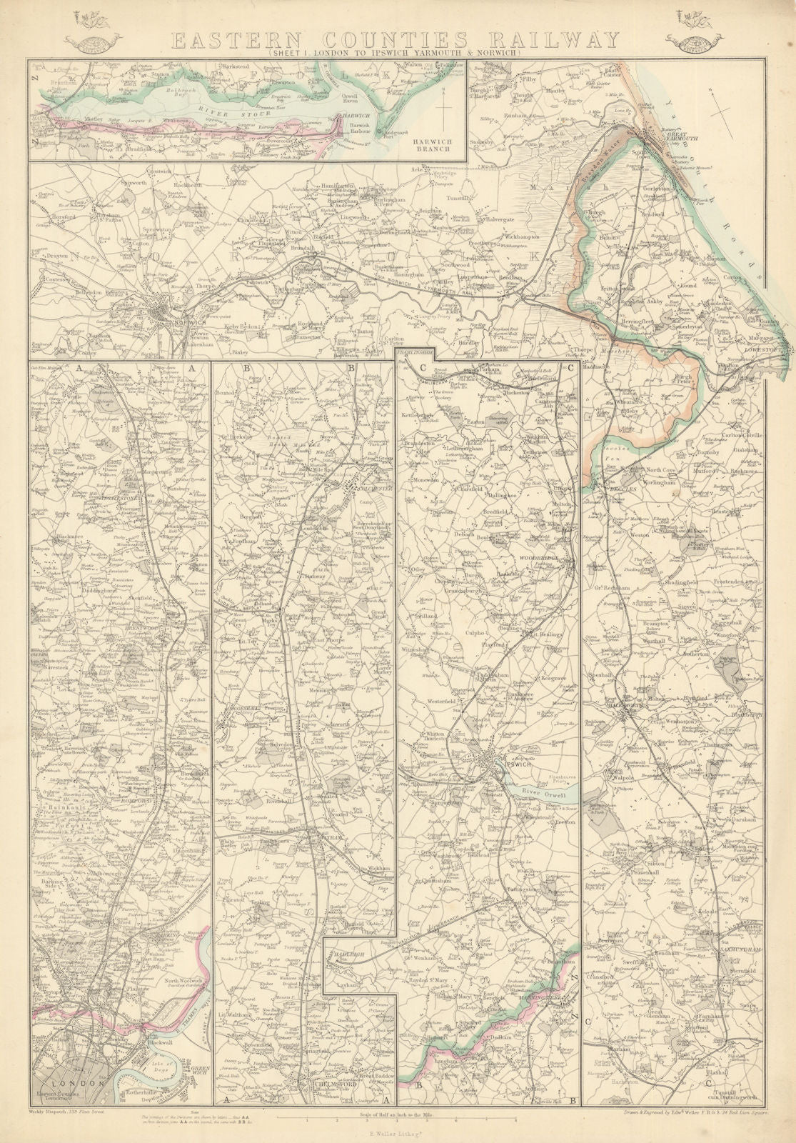 EASTERN COUNTIES RAILWAY 1.London to Ipswich Yarmouth & Norwich.WELLER 1863 map